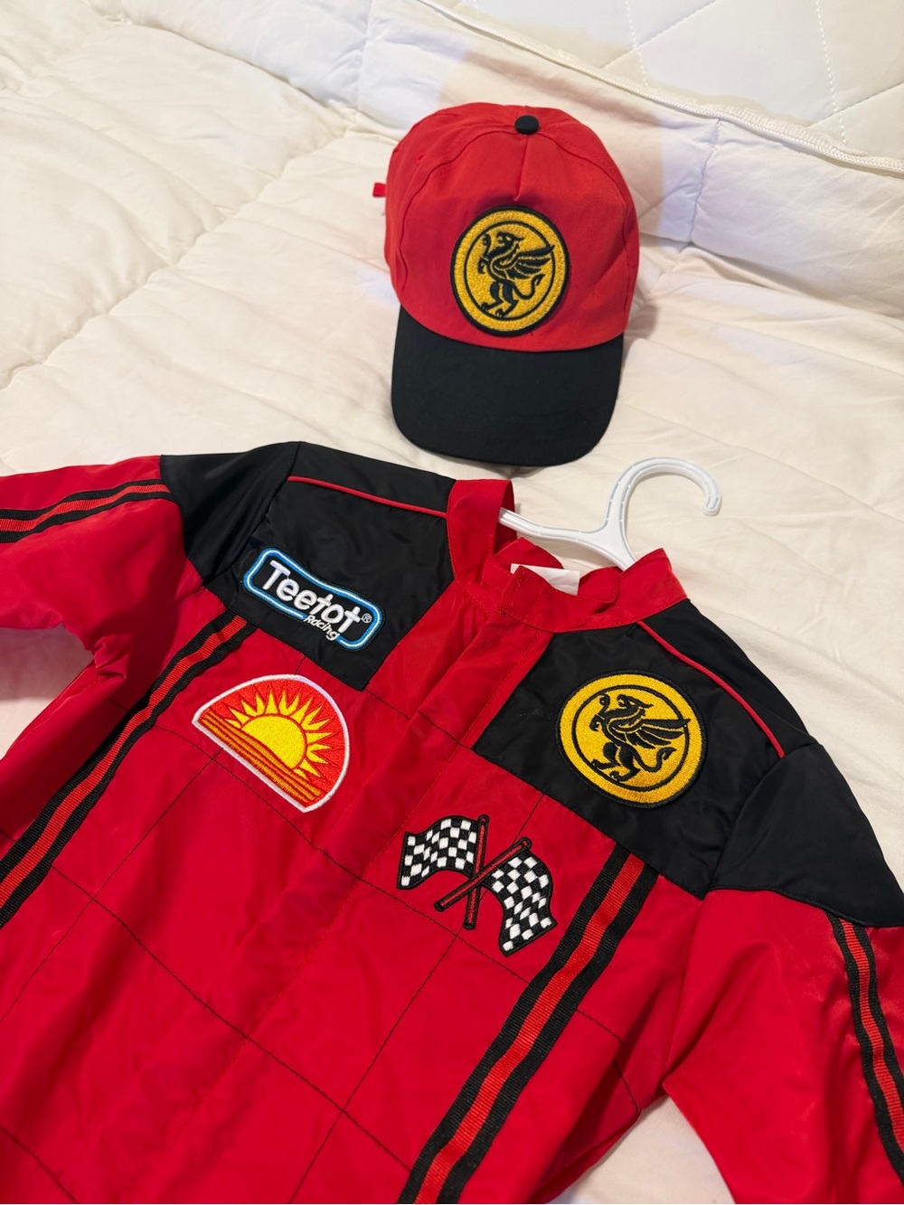 Kids Red Racing One-Piece Jumpsuit with Cap - Picture 3 of 3
